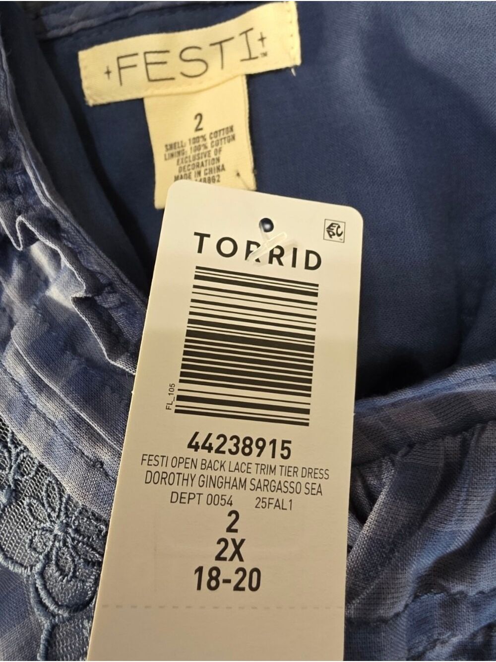 Torrid FESTI Blue Gingham Lace Ruffle Open Back Tiered Dress 2X NWT Cottagecore - Picture 9 of 11